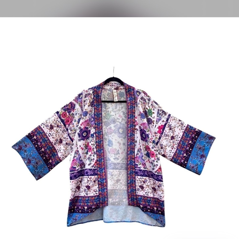 Aratta Silent Journey Floral Open-Front Kimono Jacket - Purple and Blue